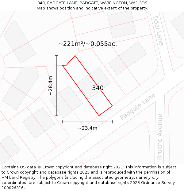 340, PADGATE LANE, PADGATE, WARRINGTON, WA1 3DS: Plot and title map