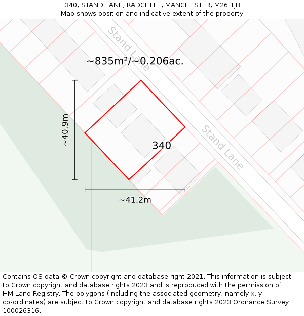 340, STAND LANE, RADCLIFFE, MANCHESTER, M26 1JB: Plot and title map