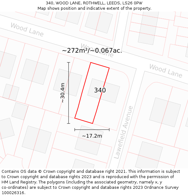 340, WOOD LANE, ROTHWELL, LEEDS, LS26 0PW: Plot and title map