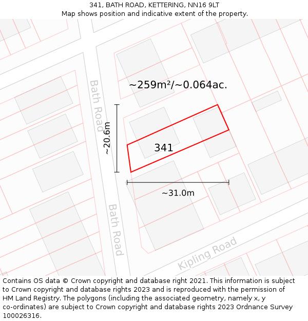 341, BATH ROAD, KETTERING, NN16 9LT: Plot and title map