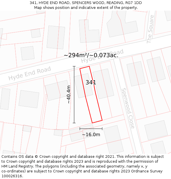 341, HYDE END ROAD, SPENCERS WOOD, READING, RG7 1DD: Plot and title map