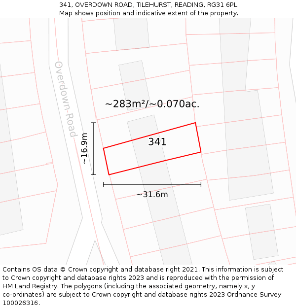 341, OVERDOWN ROAD, TILEHURST, READING, RG31 6PL: Plot and title map
