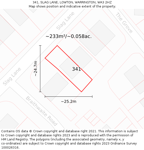 341, SLAG LANE, LOWTON, WARRINGTON, WA3 2HZ: Plot and title map