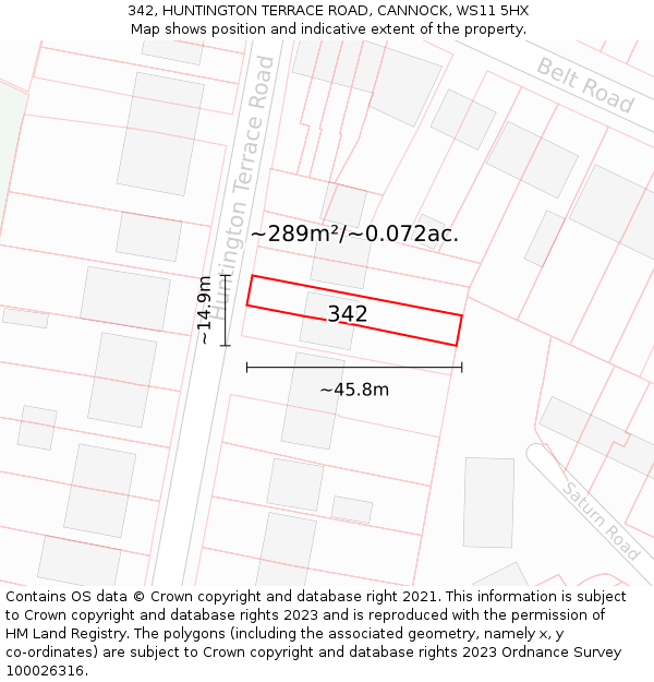 342, HUNTINGTON TERRACE ROAD, CANNOCK, WS11 5HX: Plot and title map