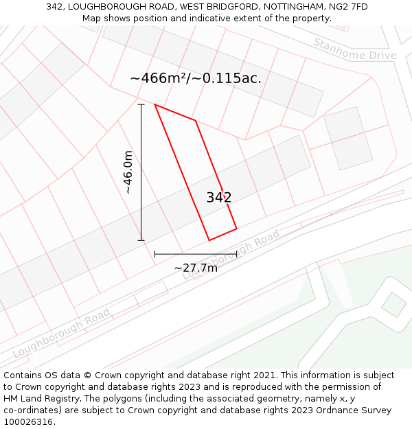 342, LOUGHBOROUGH ROAD, WEST BRIDGFORD, NOTTINGHAM, NG2 7FD: Plot and title map