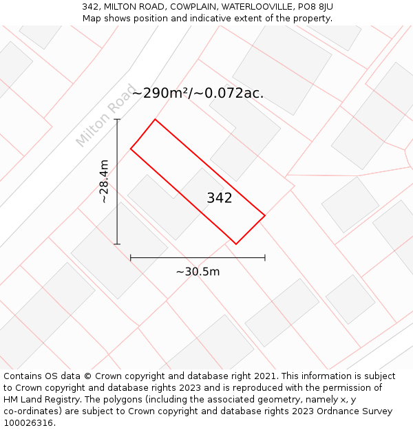 342, MILTON ROAD, COWPLAIN, WATERLOOVILLE, PO8 8JU: Plot and title map