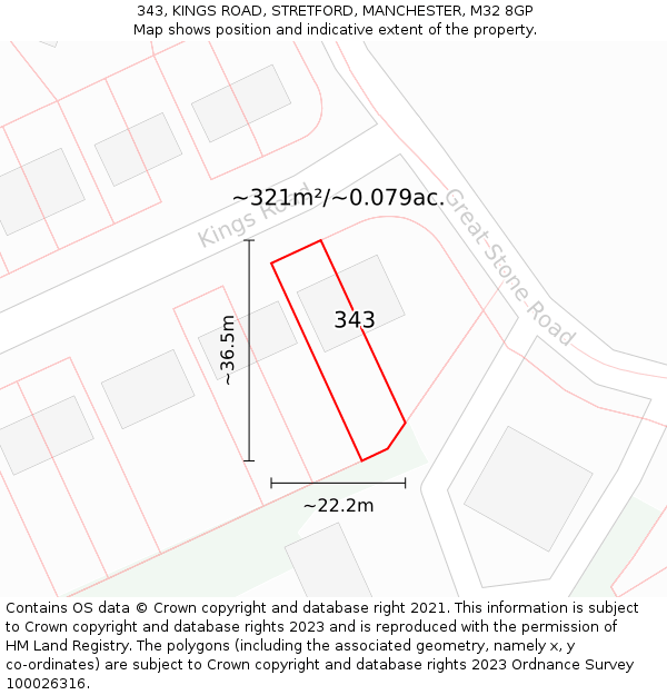 343, KINGS ROAD, STRETFORD, MANCHESTER, M32 8GP: Plot and title map