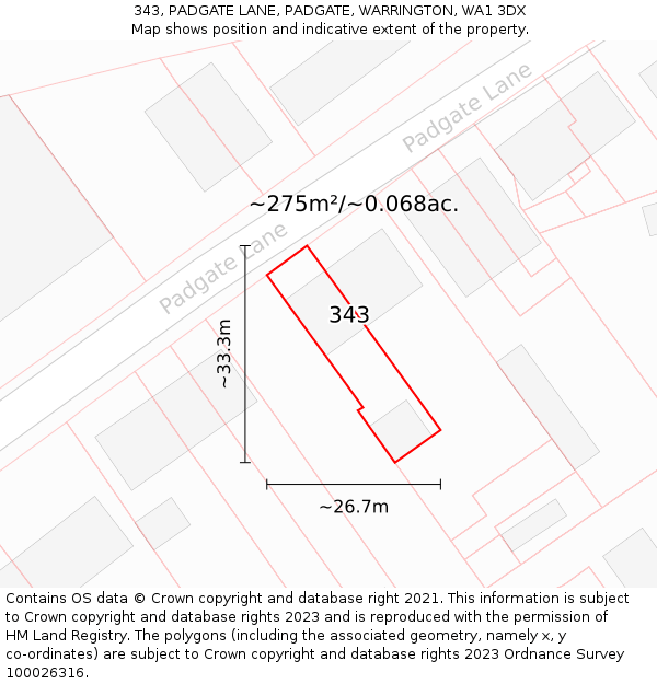 343, PADGATE LANE, PADGATE, WARRINGTON, WA1 3DX: Plot and title map