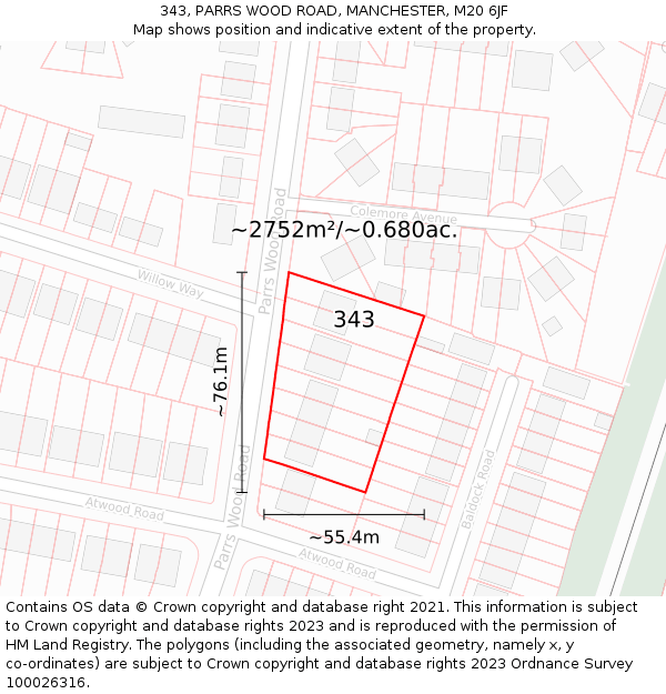 343, PARRS WOOD ROAD, MANCHESTER, M20 6JF: Plot and title map