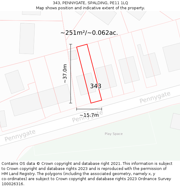 343, PENNYGATE, SPALDING, PE11 1LQ: Plot and title map