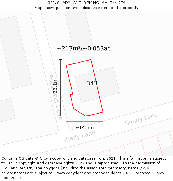 343, SHADY LANE, BIRMINGHAM, B44 9EA: Plot and title map