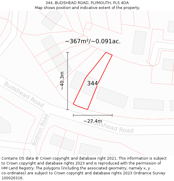 344, BUDSHEAD ROAD, PLYMOUTH, PL5 4DA: Plot and title map