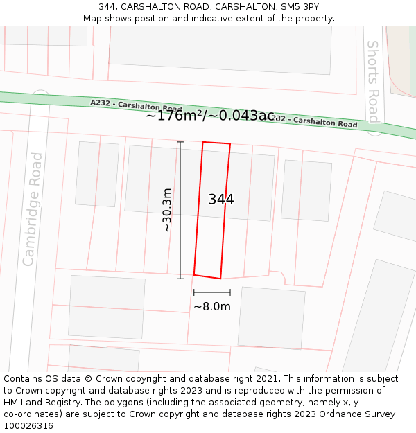 344, CARSHALTON ROAD, CARSHALTON, SM5 3PY: Plot and title map