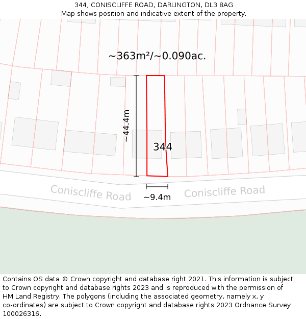 344, CONISCLIFFE ROAD, DARLINGTON, DL3 8AG: Plot and title map