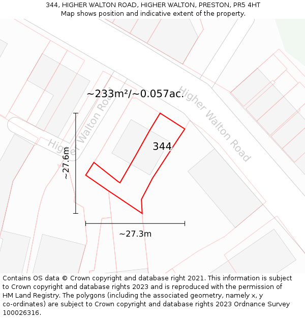 344, HIGHER WALTON ROAD, HIGHER WALTON, PRESTON, PR5 4HT: Plot and title map