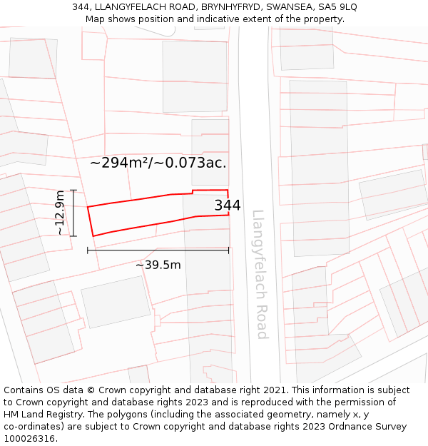 344, LLANGYFELACH ROAD, BRYNHYFRYD, SWANSEA, SA5 9LQ: Plot and title map