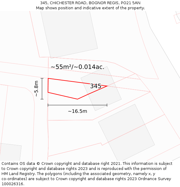 345, CHICHESTER ROAD, BOGNOR REGIS, PO21 5AN: Plot and title map