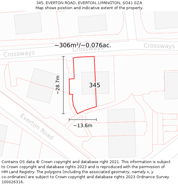 345, EVERTON ROAD, EVERTON, LYMINGTON, SO41 0ZA: Plot and title map