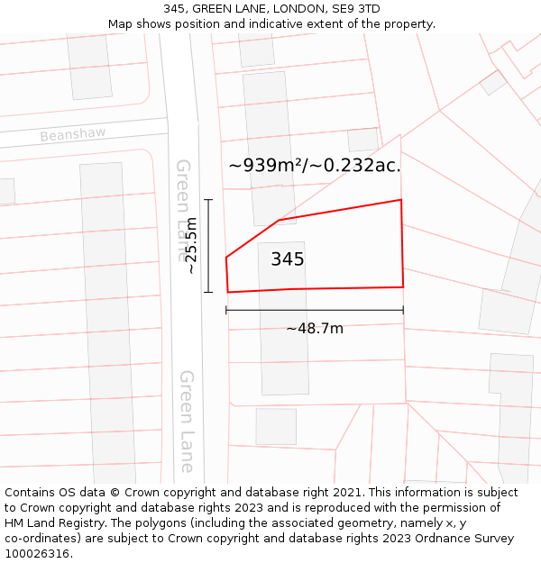 345, GREEN LANE, LONDON, SE9 3TD: Plot and title map