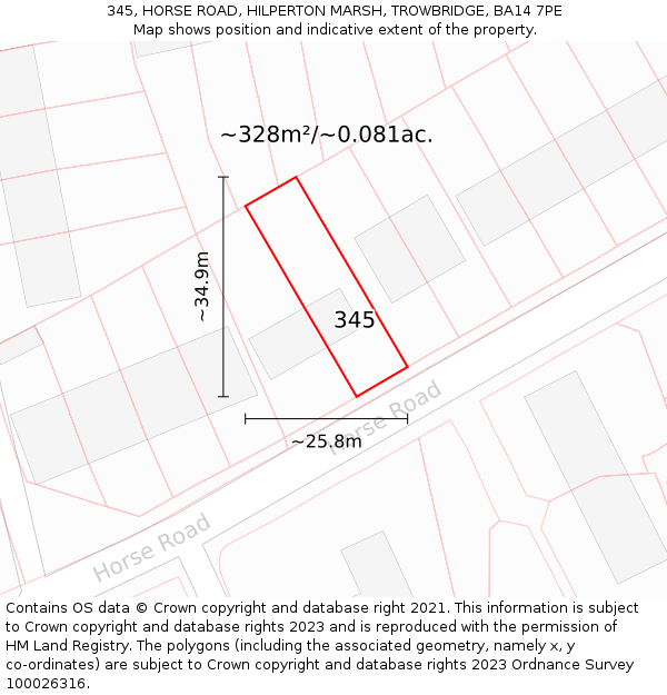 345, HORSE ROAD, HILPERTON MARSH, TROWBRIDGE, BA14 7PE: Plot and title map