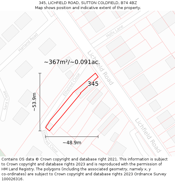 345, LICHFIELD ROAD, SUTTON COLDFIELD, B74 4BZ: Plot and title map