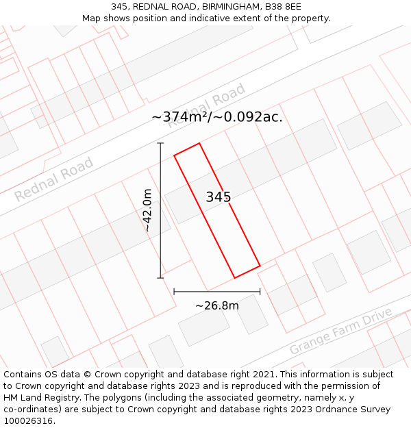 345, REDNAL ROAD, BIRMINGHAM, B38 8EE: Plot and title map