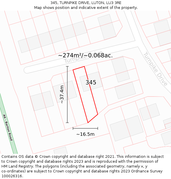 345, TURNPIKE DRIVE, LUTON, LU3 3RE: Plot and title map