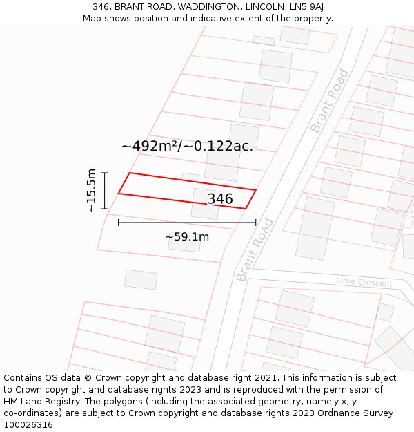 346, BRANT ROAD, WADDINGTON, LINCOLN, LN5 9AJ: Plot and title map