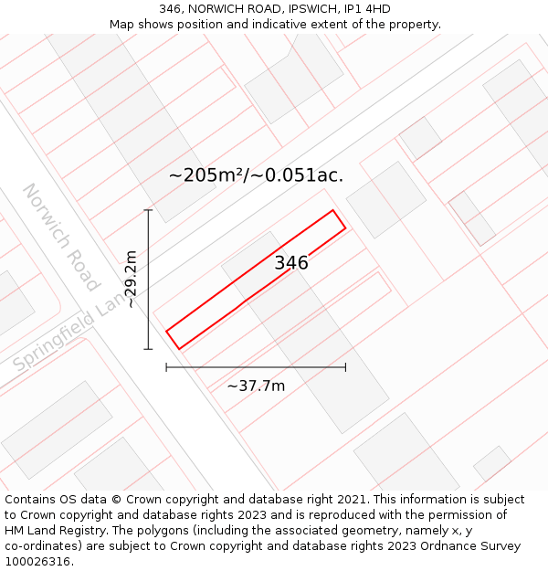 346, NORWICH ROAD, IPSWICH, IP1 4HD: Plot and title map