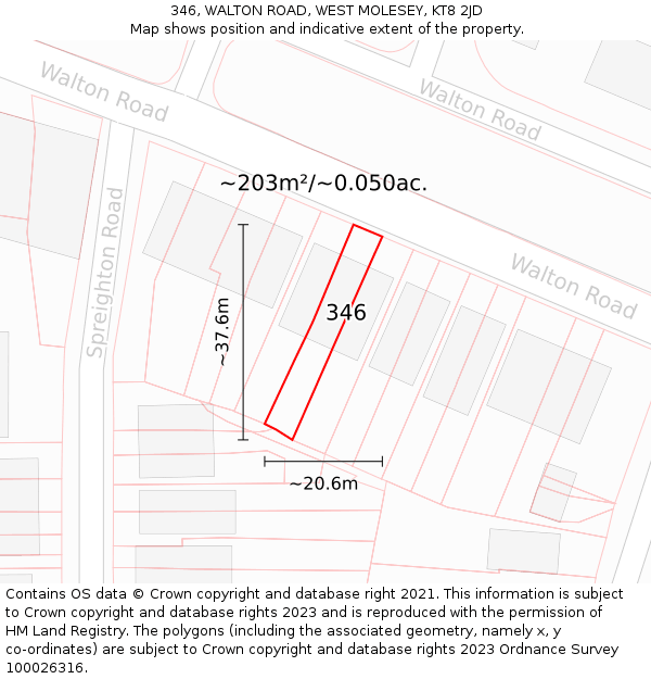 346, WALTON ROAD, WEST MOLESEY, KT8 2JD: Plot and title map