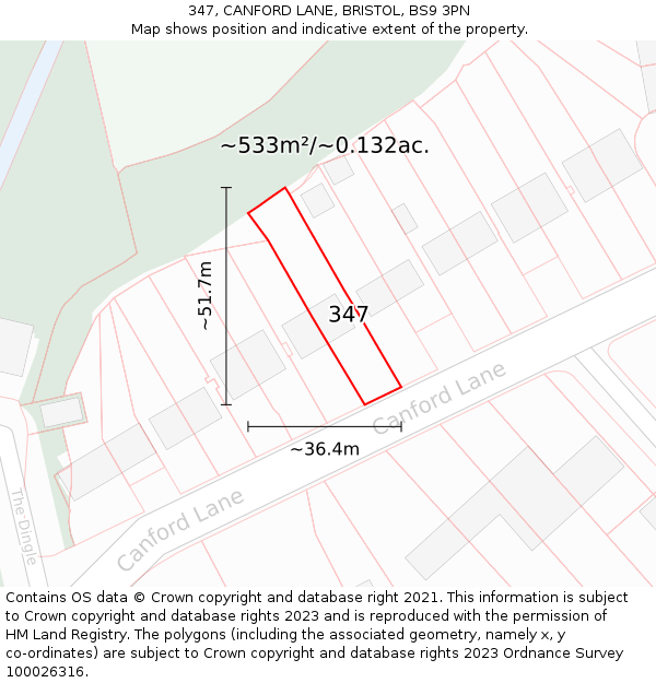 347, CANFORD LANE, BRISTOL, BS9 3PN: Plot and title map