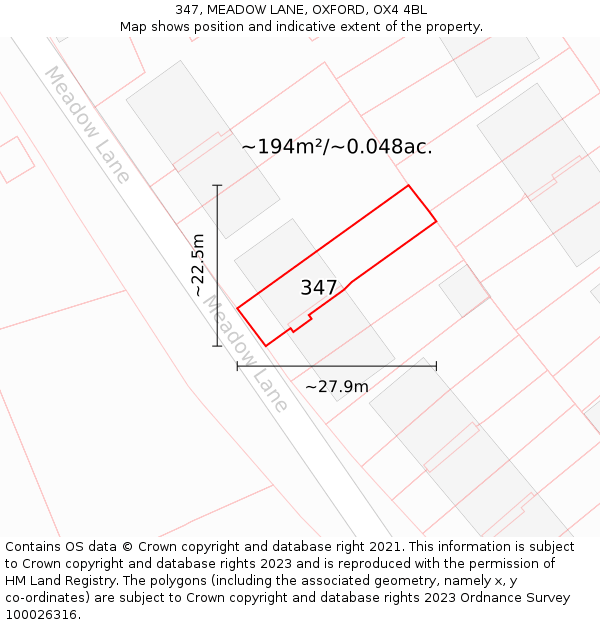 347, MEADOW LANE, OXFORD, OX4 4BL: Plot and title map