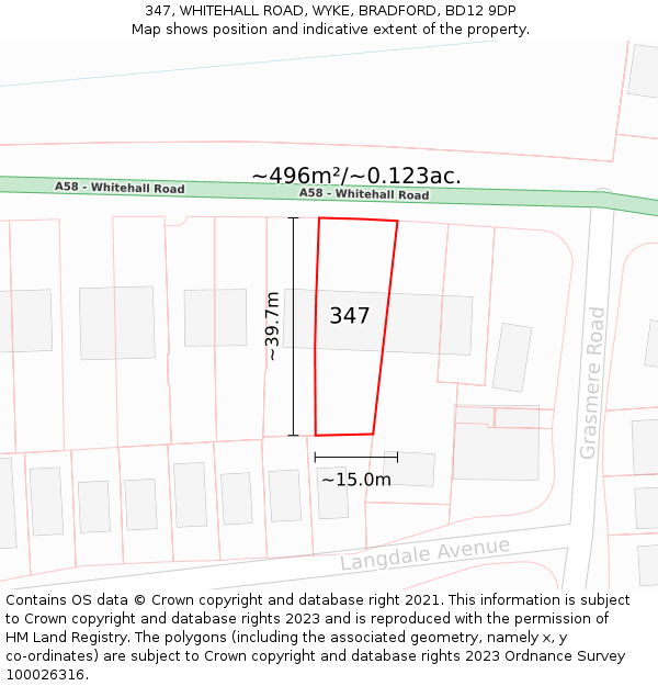 347, WHITEHALL ROAD, WYKE, BRADFORD, BD12 9DP: Plot and title map