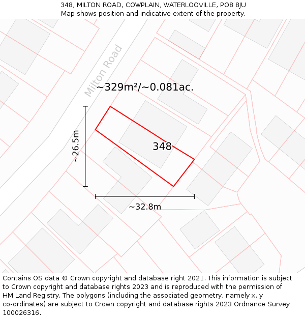 348, MILTON ROAD, COWPLAIN, WATERLOOVILLE, PO8 8JU: Plot and title map