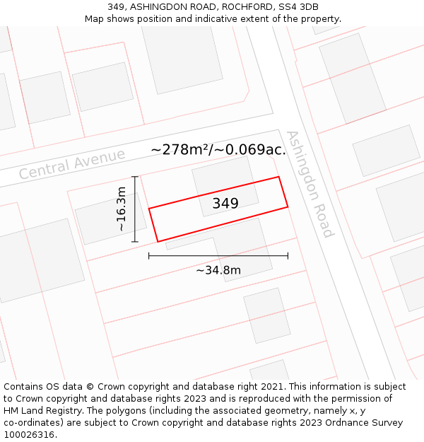 349, ASHINGDON ROAD, ROCHFORD, SS4 3DB: Plot and title map