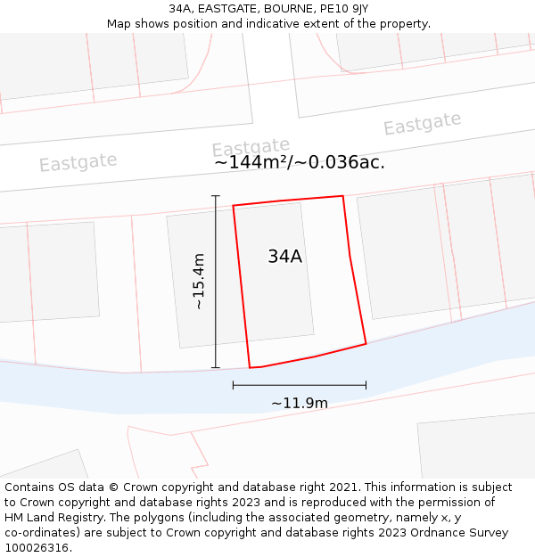 34A, EASTGATE, BOURNE, PE10 9JY: Plot and title map