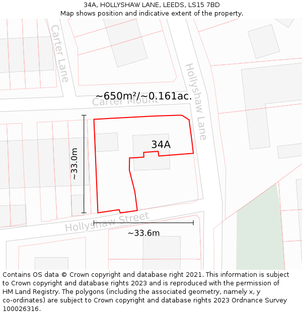 34A, HOLLYSHAW LANE, LEEDS, LS15 7BD: Plot and title map