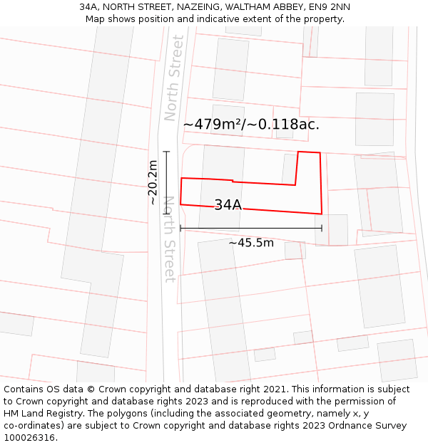 34A, NORTH STREET, NAZEING, WALTHAM ABBEY, EN9 2NN: Plot and title map