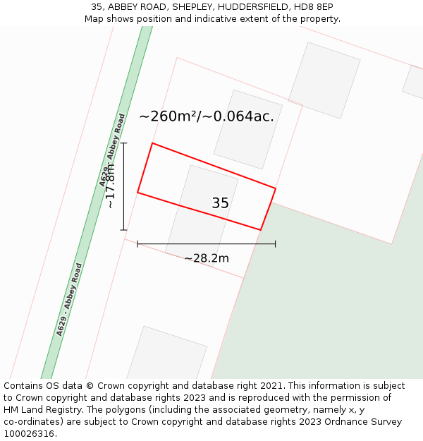 35, ABBEY ROAD, SHEPLEY, HUDDERSFIELD, HD8 8EP: Plot and title map