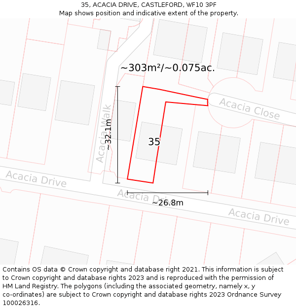 35, ACACIA DRIVE, CASTLEFORD, WF10 3PF: Plot and title map