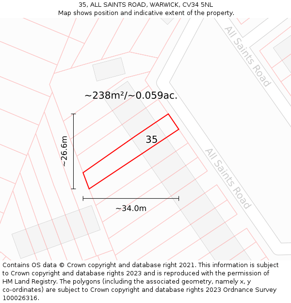 35, ALL SAINTS ROAD, WARWICK, CV34 5NL: Plot and title map