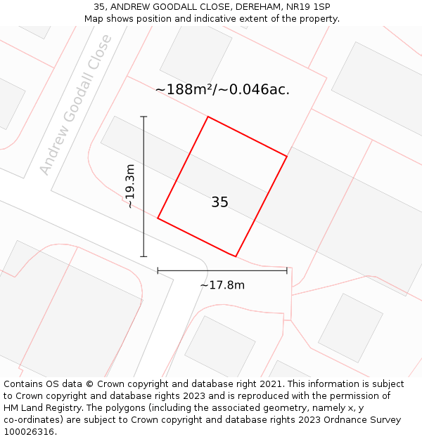 35, ANDREW GOODALL CLOSE, DEREHAM, NR19 1SP: Plot and title map