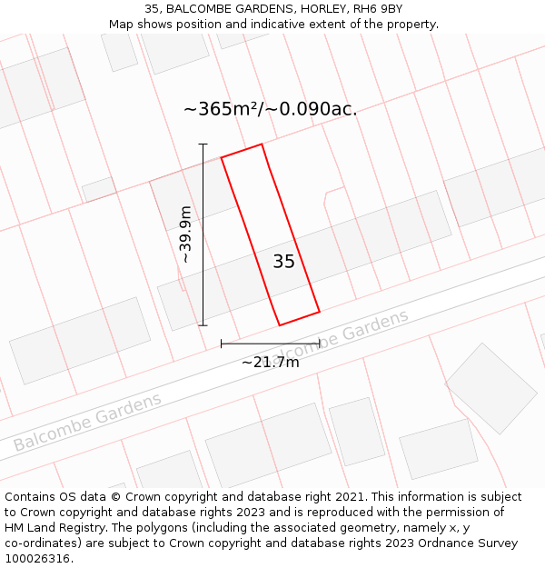 35, BALCOMBE GARDENS, HORLEY, RH6 9BY: Plot and title map