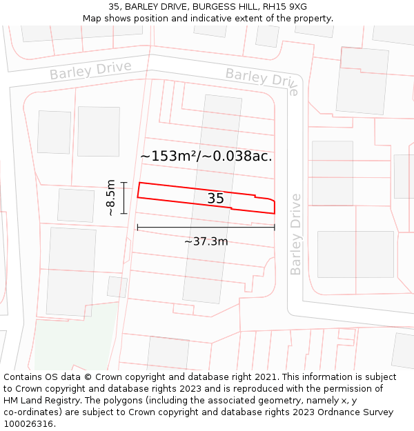 35, BARLEY DRIVE, BURGESS HILL, RH15 9XG: Plot and title map