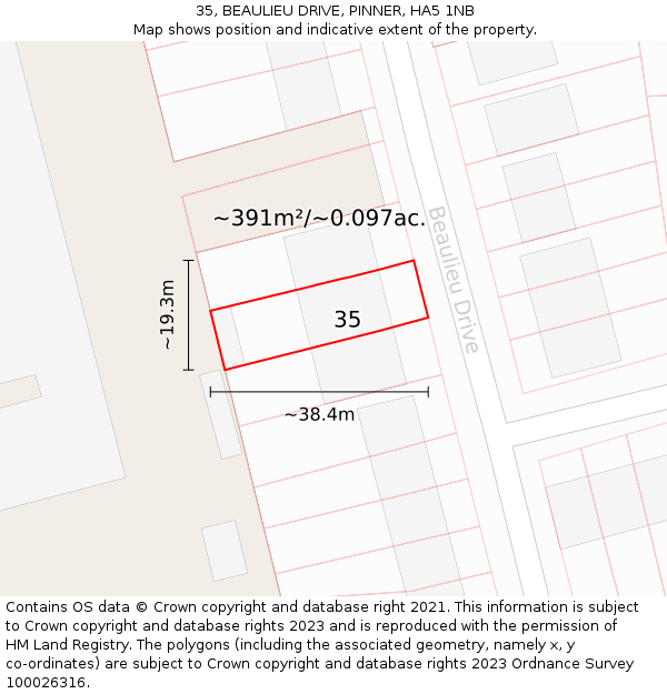 35, BEAULIEU DRIVE, PINNER, HA5 1NB: Plot and title map