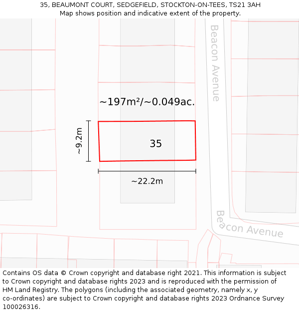 35, BEAUMONT COURT, SEDGEFIELD, STOCKTON-ON-TEES, TS21 3AH: Plot and title map