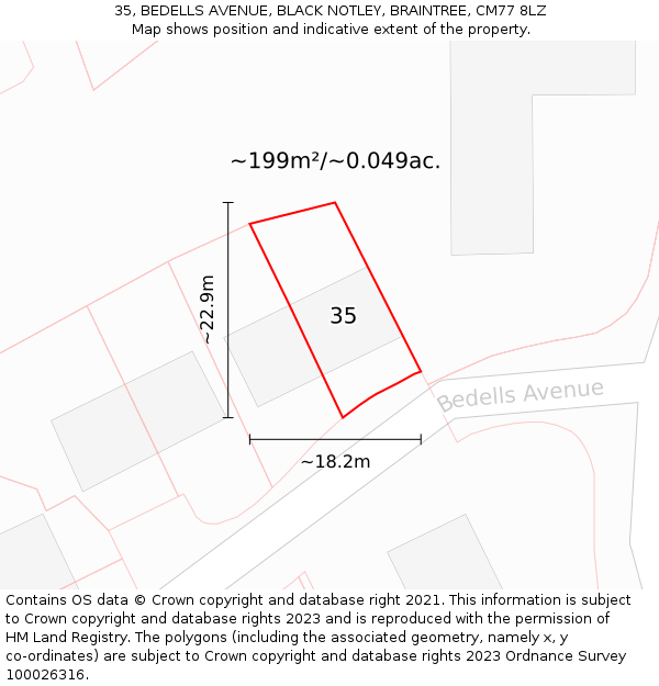 35, BEDELLS AVENUE, BLACK NOTLEY, BRAINTREE, CM77 8LZ: Plot and title map