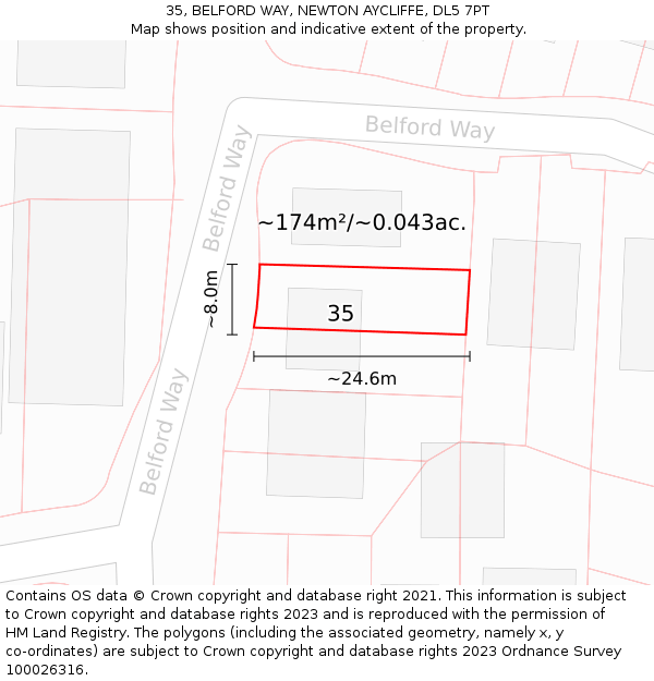 35, BELFORD WAY, NEWTON AYCLIFFE, DL5 7PT: Plot and title map