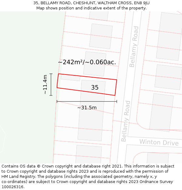35, BELLAMY ROAD, CHESHUNT, WALTHAM CROSS, EN8 9JU: Plot and title map