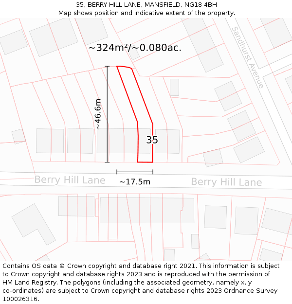 35, BERRY HILL LANE, MANSFIELD, NG18 4BH: Plot and title map